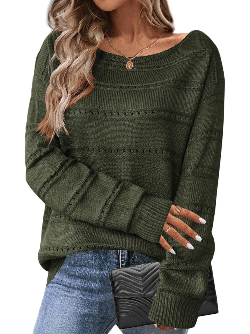 Women Army Green Long Sleeve Boat Neck Pullover Zeagoo Sweaters Pull On Sweater